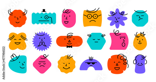 Abstract face. Happy doodle character icons, cartoon comic avatar, minimalistic emoji person. Vector set