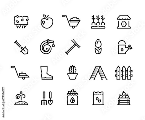 Seeding line icons. Outline gardening bushes ladder fence shovel bag of leaves and box of apples. Vector editable line stroke set