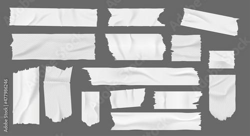 Adhesive tape. Realistic sticky paper strips with torn edges folds and crease, white piece, duct tape and sticker. Vector isolated set
