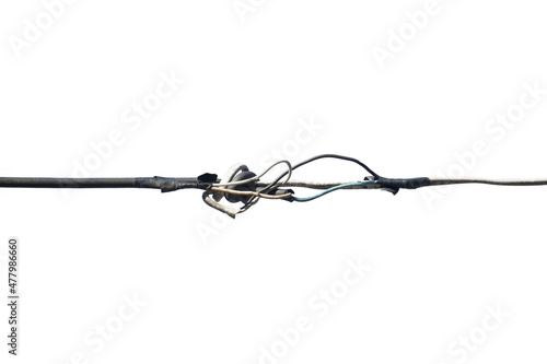 electric cable ,Repair Broken or Damaged Wires, Damaged electric cord, isolated on white clipping path
