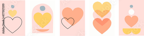 Collection of simple abstractions with colored hearts on white and pink background