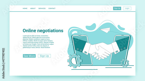 Online negotiations.Business agreement, contract signing, transaction and handshake via online connection.An illustration in the style of a green landing page.