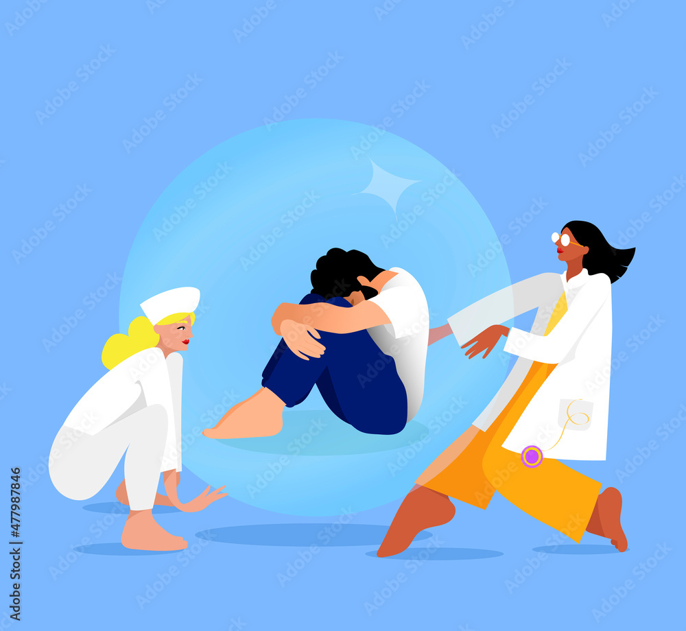 Nurse and Doctor lifting a sick patient who is sitting in a bubble to help him Nurse and Doctor lifting a sick patient who is sitting in a bubble to help him