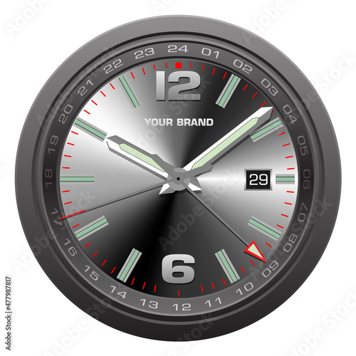 Realistic black silver red clock watch face chronograph luxury on white background vector