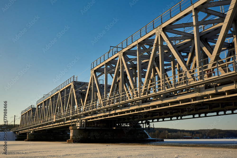Railway bridge over the Voronezh reservoir during the New Year's weekend.