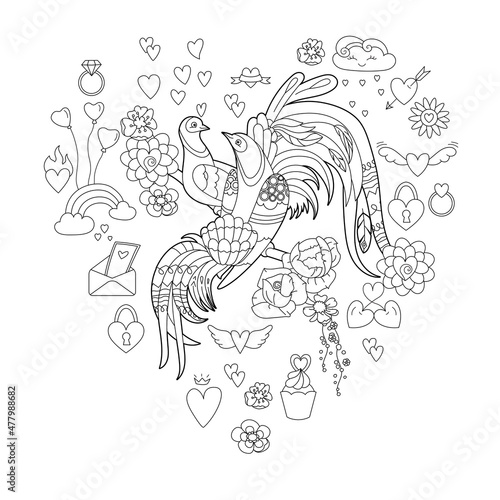 Contour linear illustration for coloring book with two pretty birds. Beautiful cute couple,  anti stress picture. Line art design for adult or kids  in zen-tangle style and coloring page
