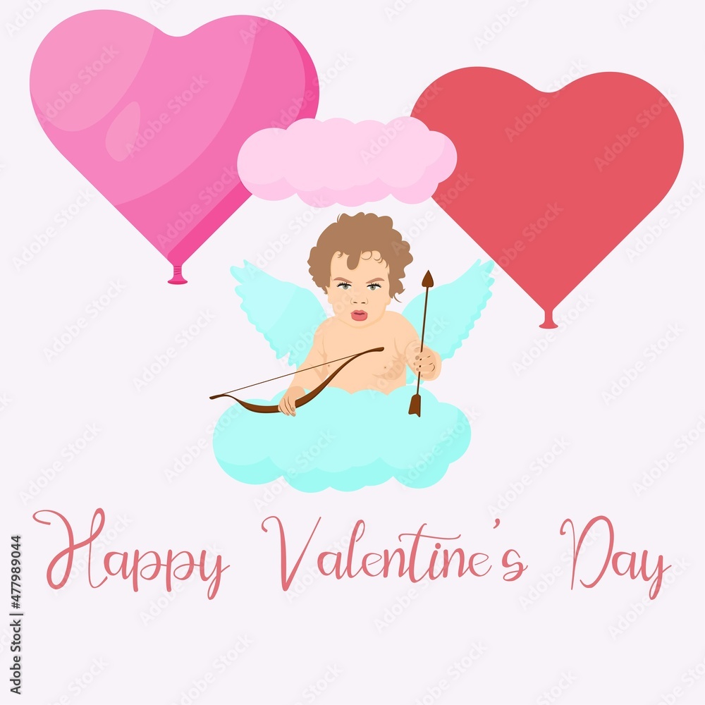 Happy Valentine's day in Russian. Vector illustration on a white background. Cute handsome angel with wings. Lettering and calligraphy. Excellent festive gift card. Happy Valentine's day in Russian. Vector illustration on a white background. Cute handsome angel with wings. Lettering and calligraphy. Excellent festive gift card.
