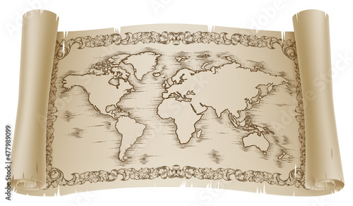 World Map Drawing Old Woodcut Engraved Scroll