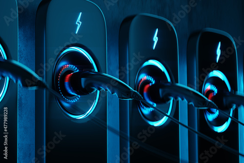 Fototapeta Naklejka Na Ścianę i Meble -  Charging station for an electric car on a dark background. Power station, neon, green technology, future, copy space. 3D rendering, 3D illustration