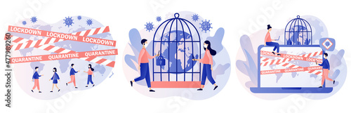 Lockdown in world countries. Warning stripes quarantine with Earth map. Stop COVID-19 Coronavirus. Danger zone. Modern flat cartoon style. Vector illustration on white background