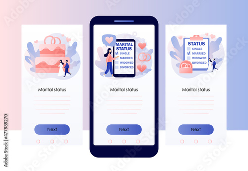 Marital status of couple. Checkbox list with single, married, widowed and divorced options for tiny people. Legal status. Screen template for mobile, smartphone app. Modern flat cartoon style. Vector 