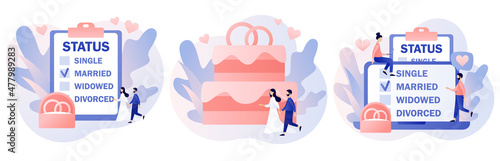 Marital status of couple. Checkbox list with single, married, widowed and divorced options for tiny people. Legal status change. Relationship concept. Modern flat cartoon style. Vector illustration