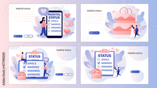 Marital status of couple. Checkbox list with single, married, widowed, divorced options for tiny people. Screen template for landing page, template, ui, web, mobile app, poster, banner, flyer. Vector 