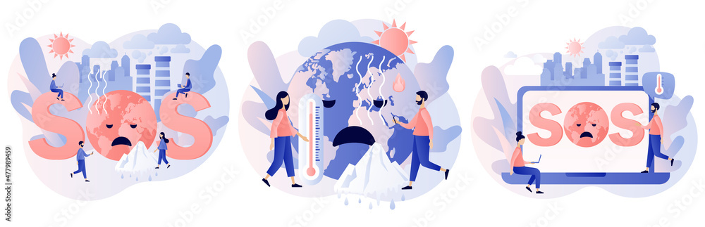 Climate change. Global warming concept. SOS. Tiny people trying save ...