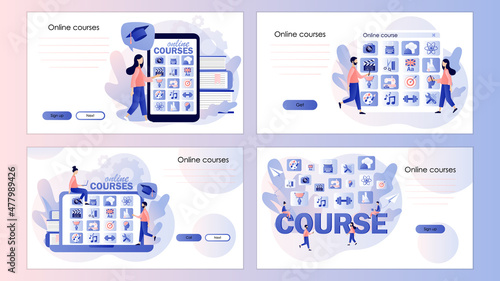 Online courses. Distance education. E-learning concept. Tiny people learn on online service or platform. Screen template for landing page, template, ui, web, mobile app, poster, banner, flyer. Vector 