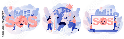 Climate change. Global warming concept. SOS. Tiny people trying save planet Earth. World Environment day. Ecology hazards, air pollution. Modern flat cartoon style. Vector illustration 