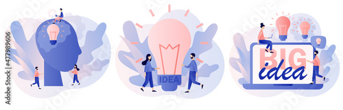 Big idea. Innovative lamp. Light bulb. Tiny people inspiration developing new business ideas. Thinking and brainstorm. Modern flat cartoon style. Vector illustration on white background