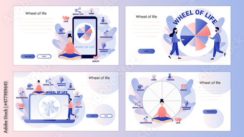 Wheel of life. Life balance concept. Tiny people use coaching tool. Human needs. Life coaching. Screen template for landing page, template, ui, web, mobile app, poster, banner, flyer. Vector 