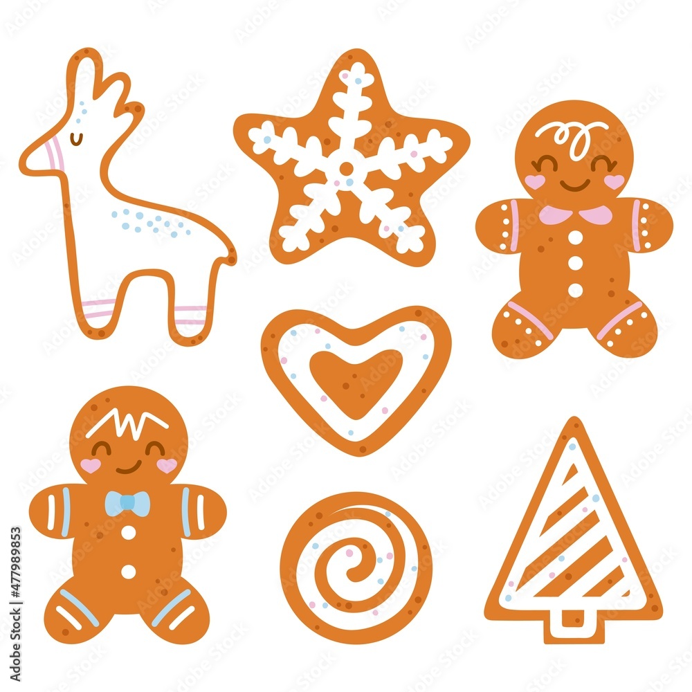 Set of cute hand drawn Christmas gingerbread cookies isolated on white background. Flat vector design of a man, reindeer, tree, snowflake, heart for packaging, print, card, label, textile, wrapping. Set of cute hand drawn Christmas gingerbread cookies isolated on white background. Flat vector design of a man, reindeer, tree, snowflake, heart for packaging, print, card, label, textile, wrapping.