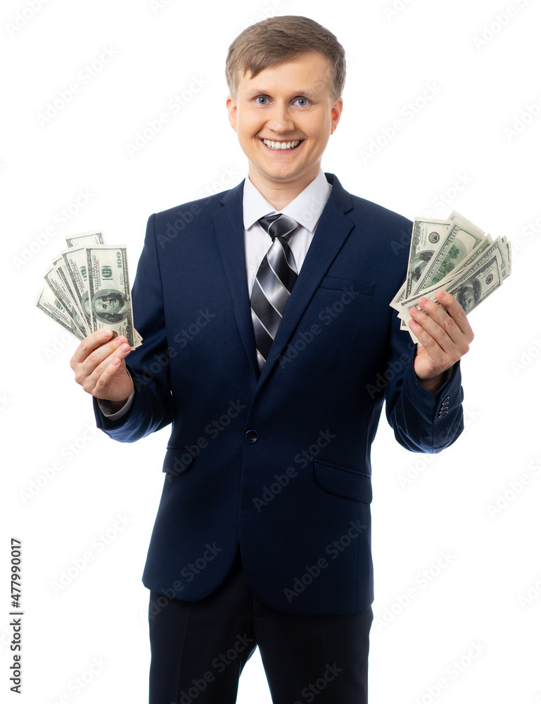 Portrait of a man in a business suit. Handsome, happy young man. Entrepreneur, politician holds a lot of money, dollars. satisfied, rich, successful person. isolated Portrait of a man in a business suit. Handsome, happy young man. Entrepreneur, politician holds a lot of money, dollars. satisfied, rich, successful person. isolated