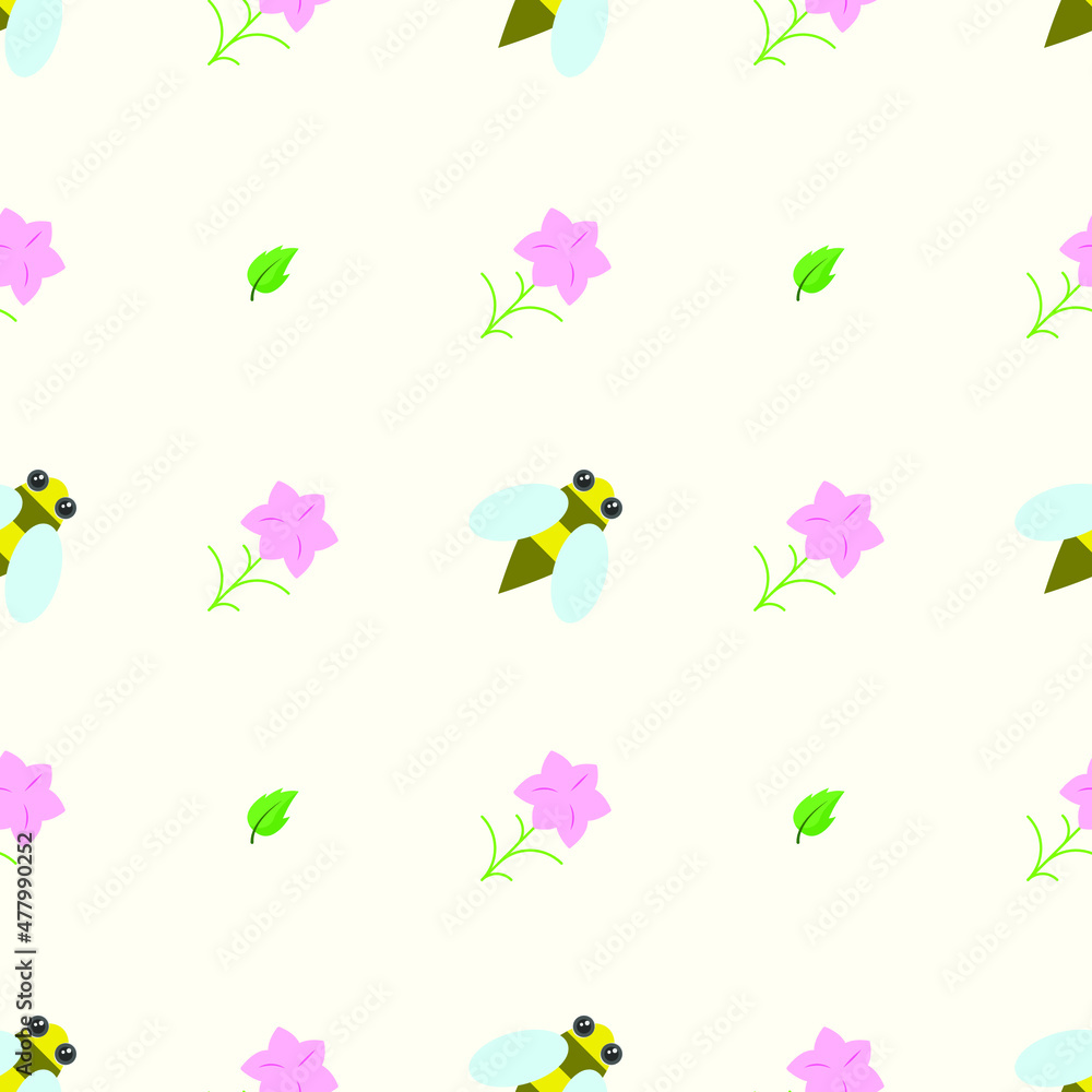 Fototapeta premium Seamless Pattern Abstract Elements Different Bee Insect Flower Plant Botanic Vector Design Style Background Illustration Texture For Prints Textiles, Clothing, Gift Wrap, Wallpaper, Pastel