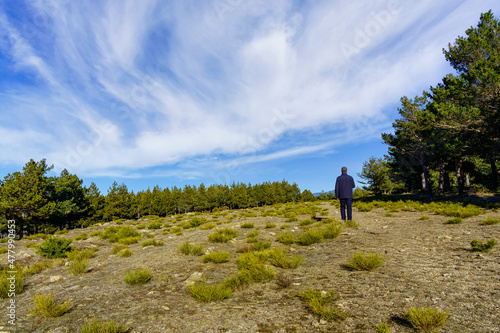 Man walking through the forest with a dramatic sky with large clouds. Morcuera Madrid.