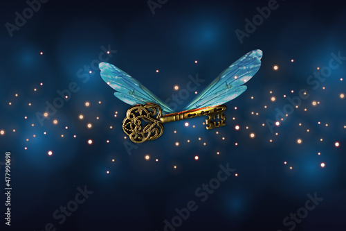 Canvastavla magical flying key meaning with dragonfly wings