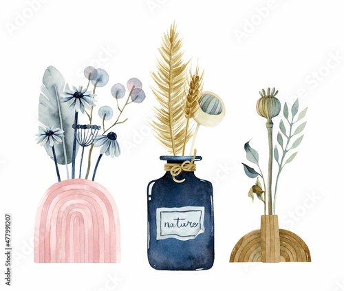 Boho bouquets in jar, ceramic vase and wooden vase with botanical elements	