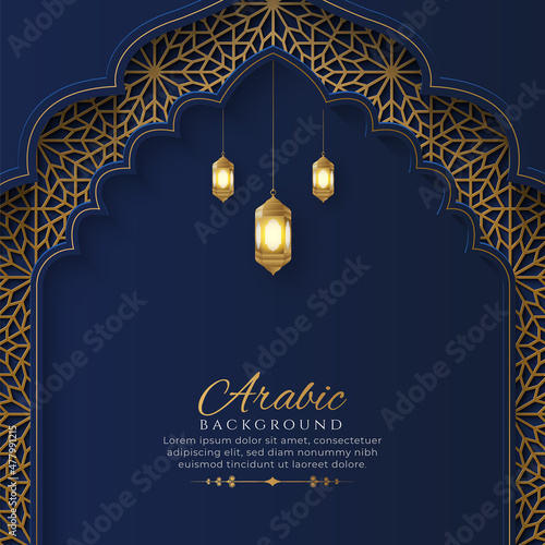 Arabic Islamic Arch Blue and Golden Luxury Ornamental Background with Islamic Pattern Frame
