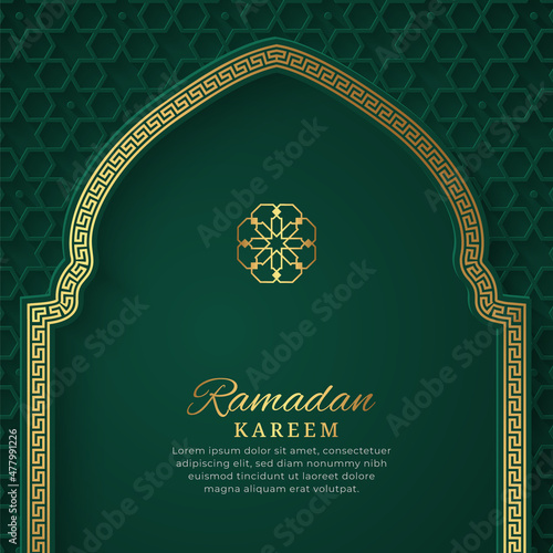 Ramadan Kareem Islamic Arch Green and Golden Luxury Ornamental Background with Islamic Pattern