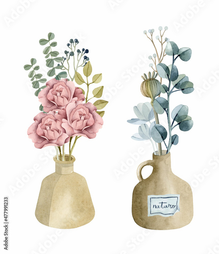 Ceramic vases rose and eucalyptus bouquets isolated watercolor elements	