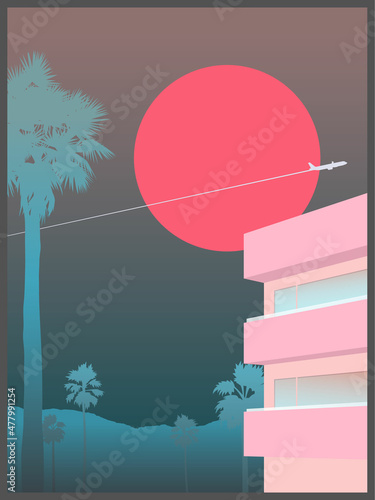 Space bon voyage motel in palm springs illustration, pink hotel, palm tree and big sunset with airplane in sky, light dark pastel print template summer vacation vibe