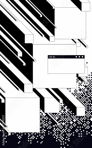 Computer desktop windows glitch dither and geomatric square box, digital data concept illustration background, mono black and white print template design