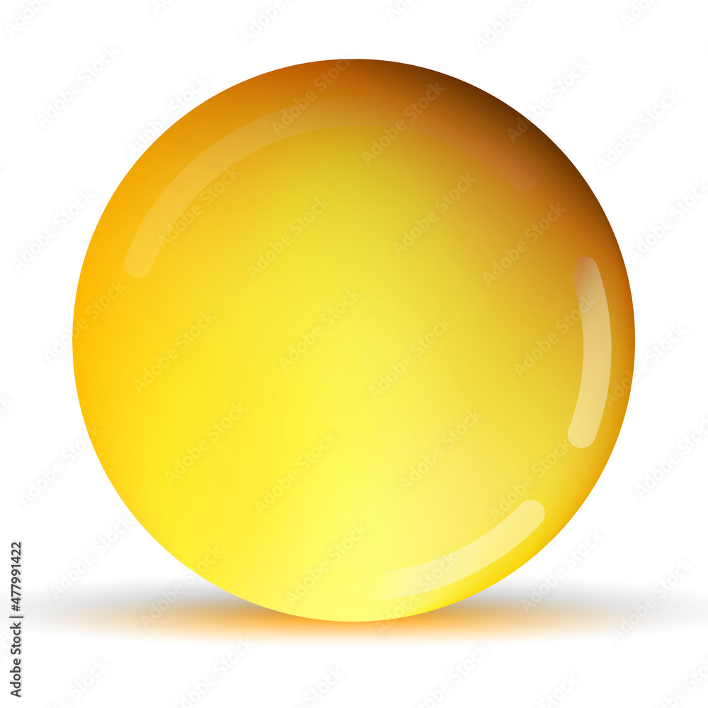 Glass yellow, golden ball or precious pearl. Glossy realistic ball, 3D abstract vector illustration highlighted on a white background. Big metal bubble with shadow