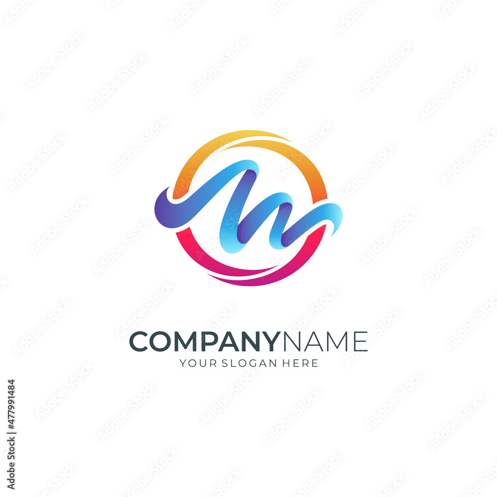 M logo in minimalist style with circle background, initial letter M logo template with gradient colors