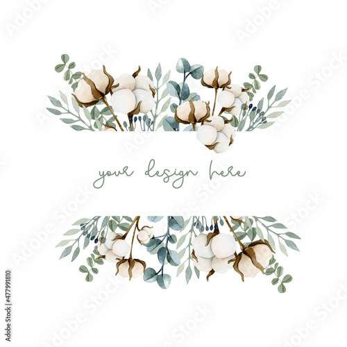Cotton flowers watercolor border frame wedding invitation card