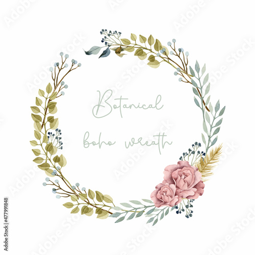 Botanical boho wreath watercolor roses and leaves 