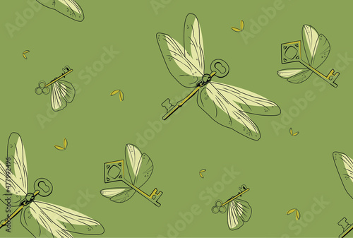 Vintage magic pattern with flying keys and butterflies. Vector seamless pattern in retro style. Magic flying keys, dragonflies and moths