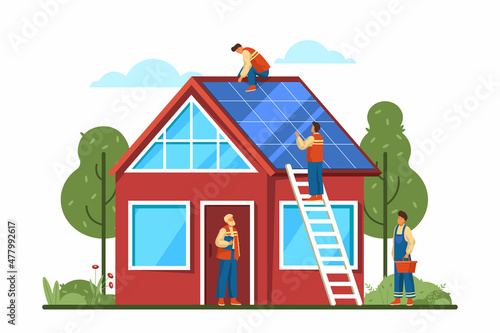 Process of solar panel installation, vector banner