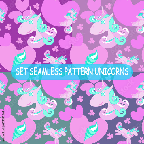 Seamless set unicorn pattern. Cheerful eats ice cream,smiles, jumps. On a dark blue, purple, gray
 background, for children and use in  didgital,textile, paper, plastic production.
