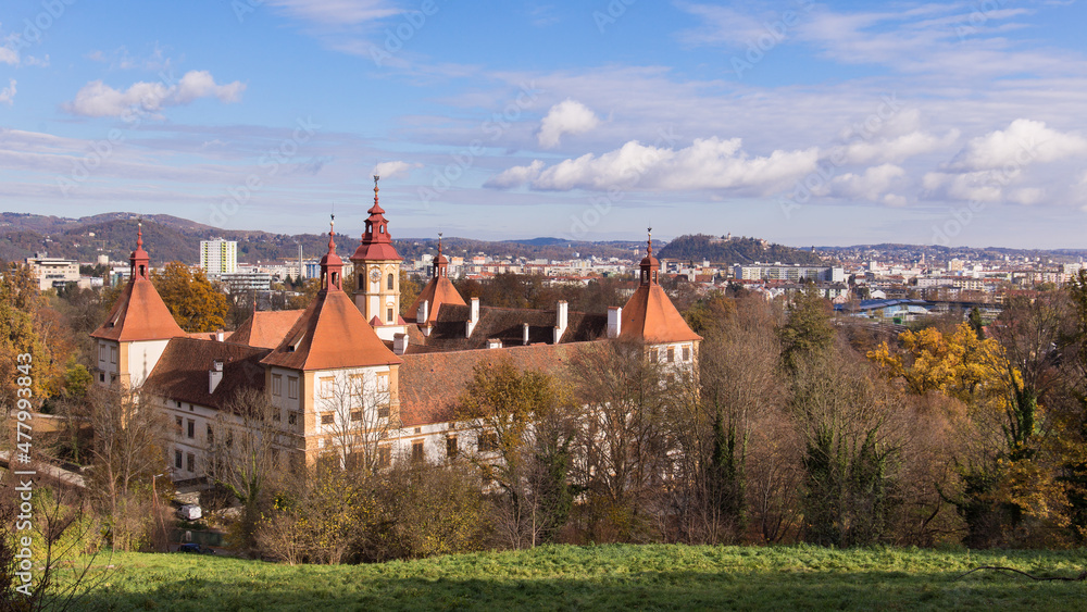 Panoramic view over the city of Graz with the castle Eggenberg in the foreground