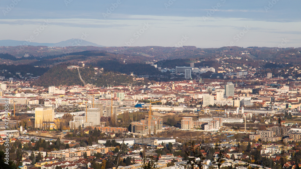 Aerial view over the city of Graz in Austria with the new quarter Reininghaus in the foreground