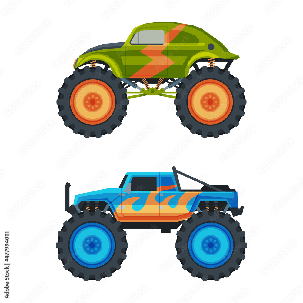 Monster Truck with Four-wheel Steering and Oversized Tires for Competition and Entertainment Vector Set