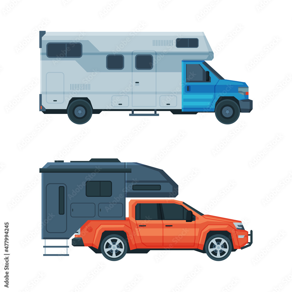 Caravan or Travel Trailer as Towed Behind Road Vehicle Side View Vector Set