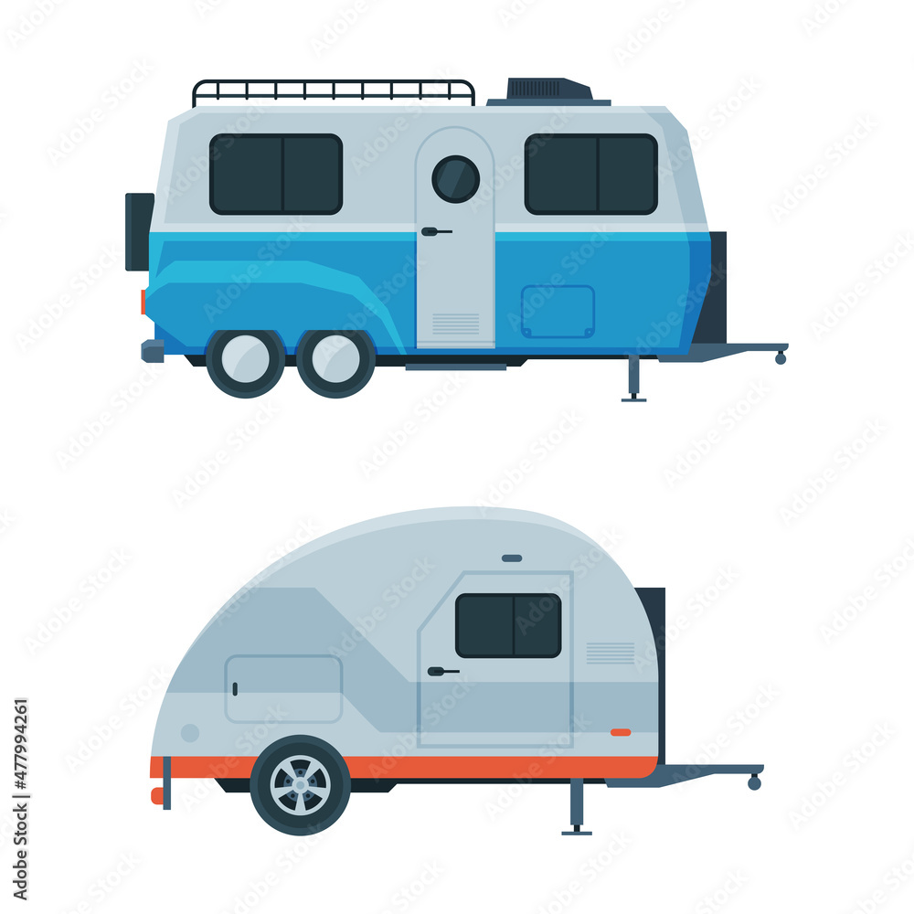 Caravan or Travel Trailer as Towed Behind Road Vehicle Side View Vector Set Caravan or Travel Trailer as Towed Behind Road Vehicle Side View Vector Set