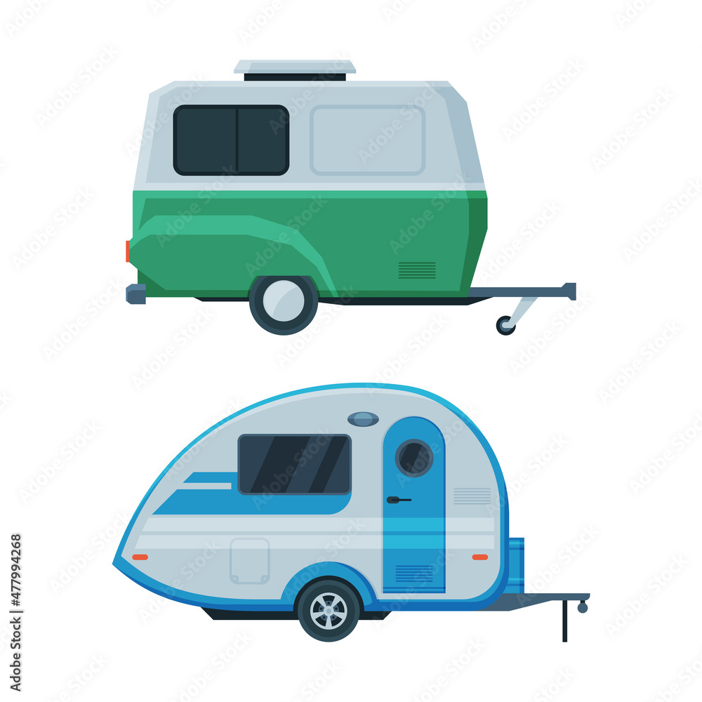 Caravan or Travel Trailer as Towed Behind Road Vehicle Side View Vector Set