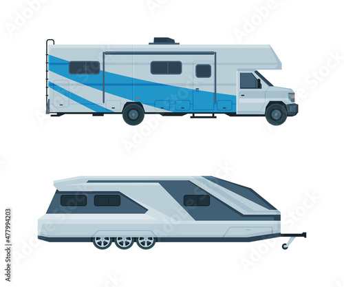 Caravan or Travel Trailer as Towed Behind Road Vehicle Side View Vector Set