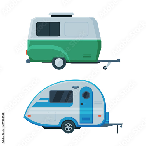 Caravan or Travel Trailer as Towed Behind Road Vehicle Side View Vector Set