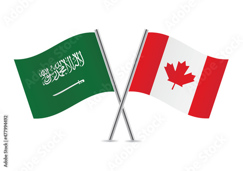 Saudi Arabia and Canada flags. Saudi Arabian and Canadian flags isolated on white background. Vector illustration.