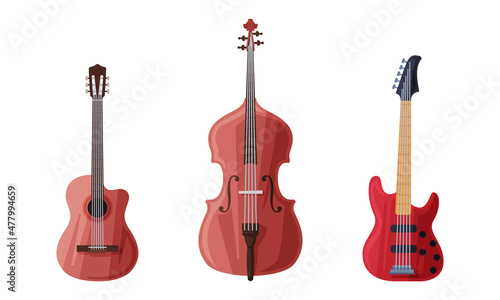 Cello and Guitar as String Musical Instrument Vector Set